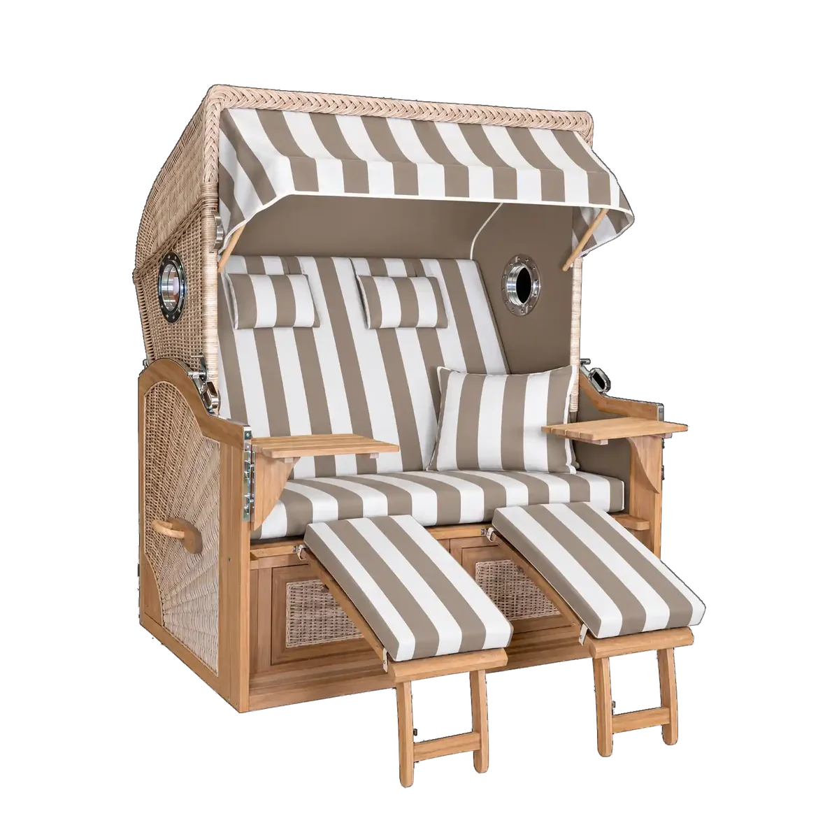 BelGarden 2-Sitzer XL Strandkorb in hellem Holz mit taupe-weiß gestreiften Polstern und zwei Fußstützen