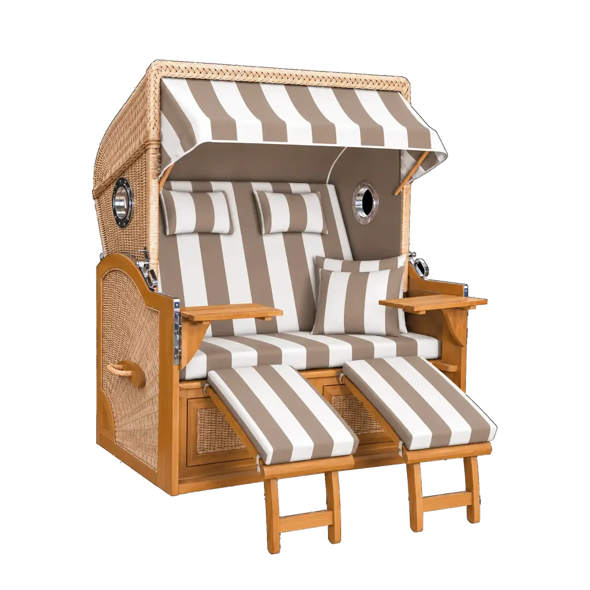 BelGarden 2-Sitzer XXL Strandkorb in honigfarbenem Holz mit taupe-weiß gestreiften Polstern und zwei Fußstützen