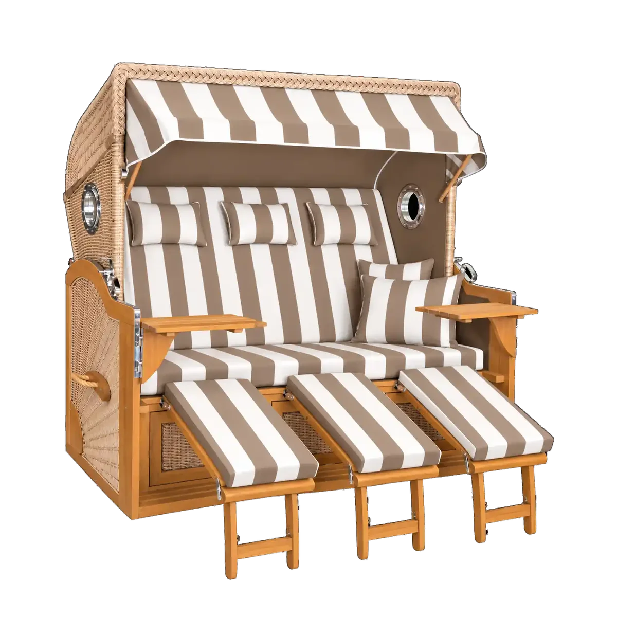 BelGarden 3-Sitzer XXXL Strandkorb mit drei Fußstützen und taupe-weiß gestreiften Polstern