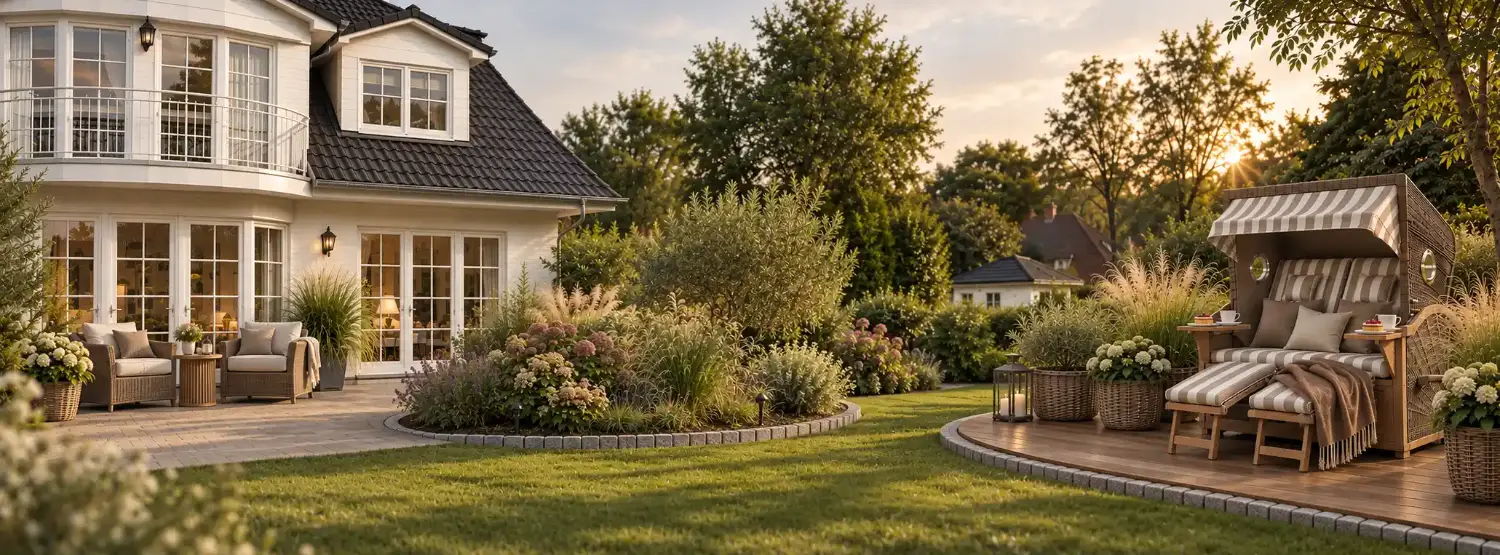 BelGarden Strandkorb mit taupe-weiß gestreiften Polstern im Garten eines weißen Landhauses bei Abendsonne