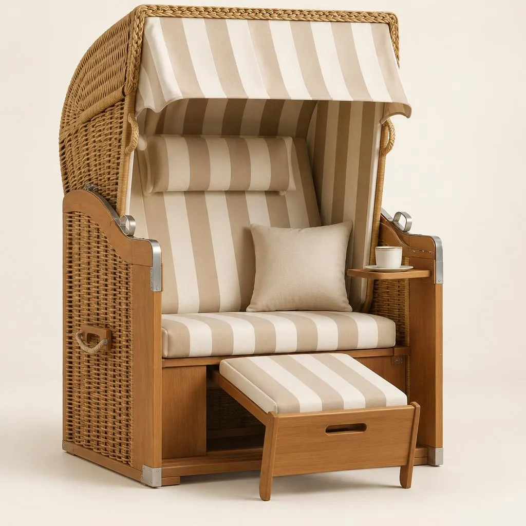 Kompakter 1-Sitzer Strandkorb mit beige gestreiften Polstern und Fußstütze